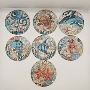 Ocean Life Coasters for Drinks Set of 7 Cork Base Ceramic Coastal Decor